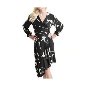 DKNY Women's Black Eggshell Abstract Print Asymmetric Ruffle Hem Dress - SZ 6
